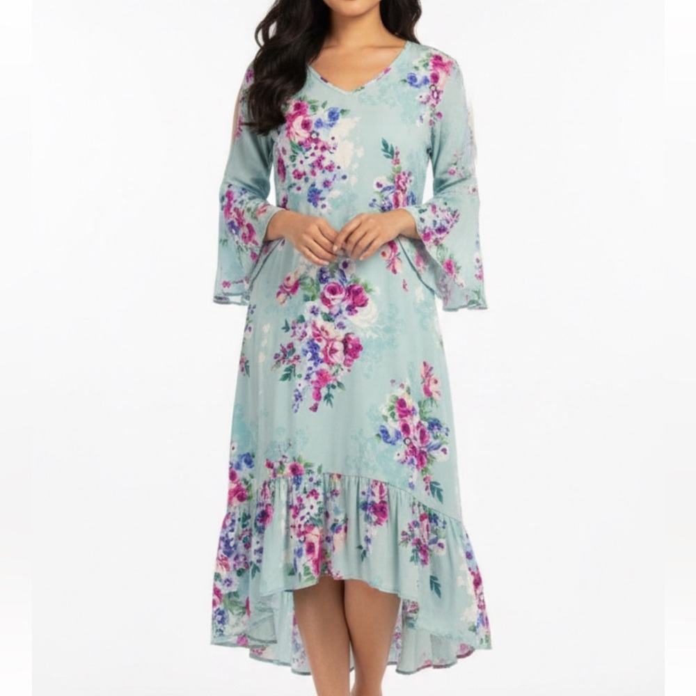 327 - Light Blue Floral‎ Tie Back Dress - Size S